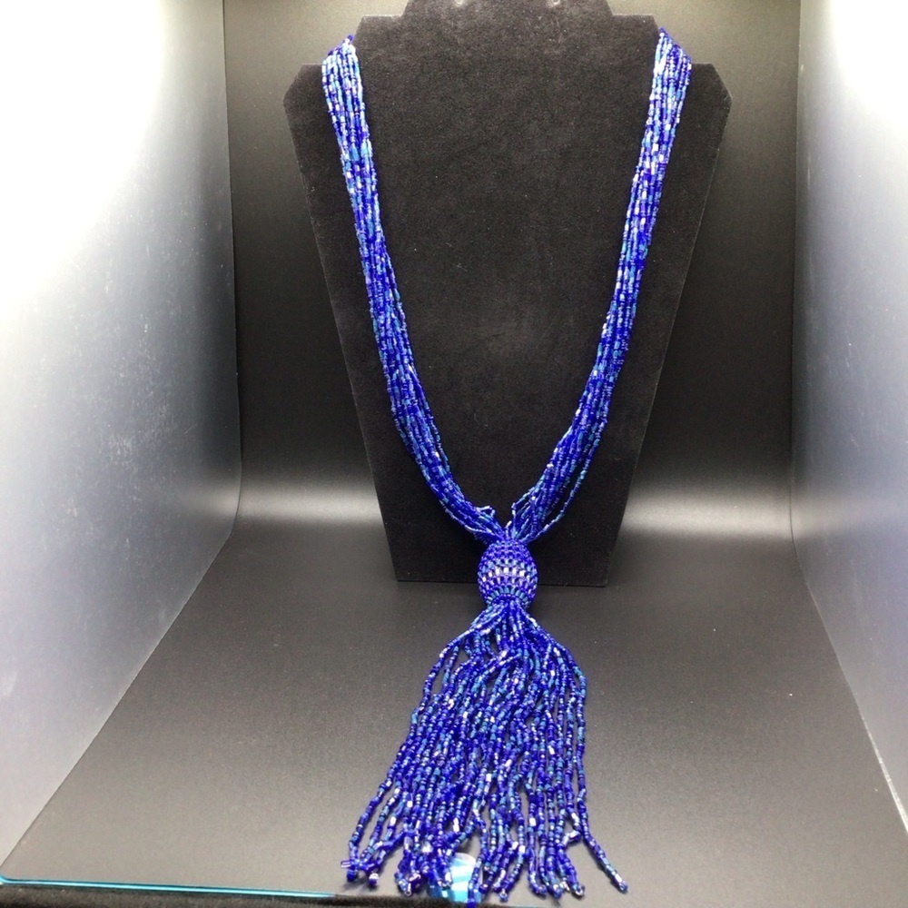 Royal Blue Beaded Tassel Seedbead Statement Necklace